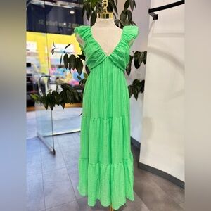 Crinkle Ruffle Sleeve Maxi Dress – Deep V-Neck & Tiered Skirt